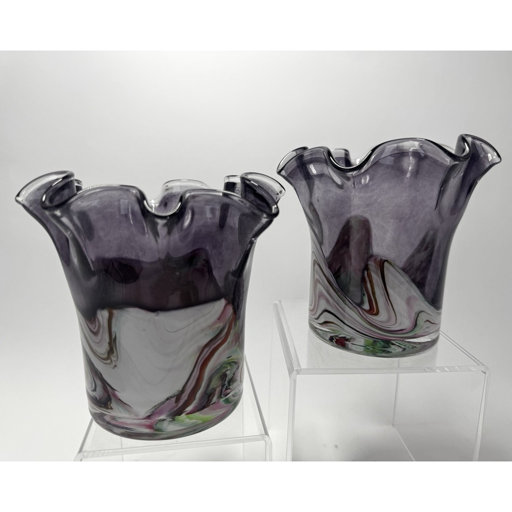 Hand Blown Cased Art Glass Pair Candleholders Vases (Qty 2) Purple Green Swirl